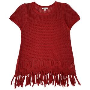 JohnPaulRichard Fringe Hem Red Knit Crocheted Short Sleeve Sweater Top Small